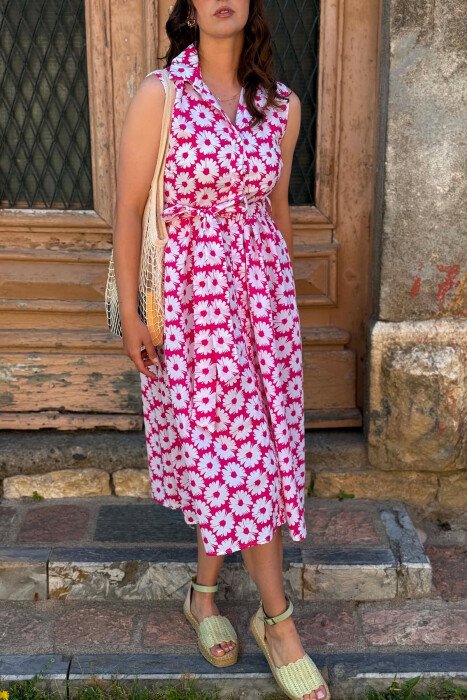 FLOWER DESIGN SLEEVELESS WOMAN DRESS FUCHSIA/CIKLAMI - 3