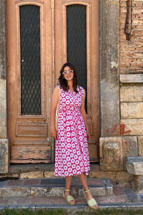 FLOWER DESIGN SLEEVELESS WOMAN DRESS FUCHSIA/CIKLAMI - 4