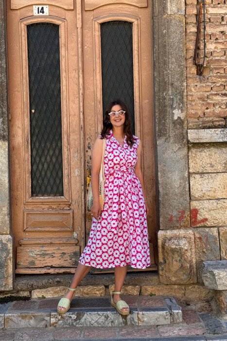 FLOWER DESIGN SLEEVELESS WOMAN DRESS FUCHSIA/CIKLAMI - 5