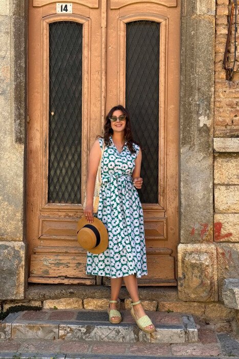 FLOWER DESIGN SLEEVELESS WOMAN DRESS GREEN/JESHILE 