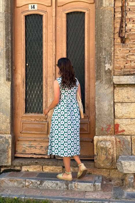 FLOWER DESIGN SLEEVELESS WOMAN DRESS GREEN/JESHILE - 2