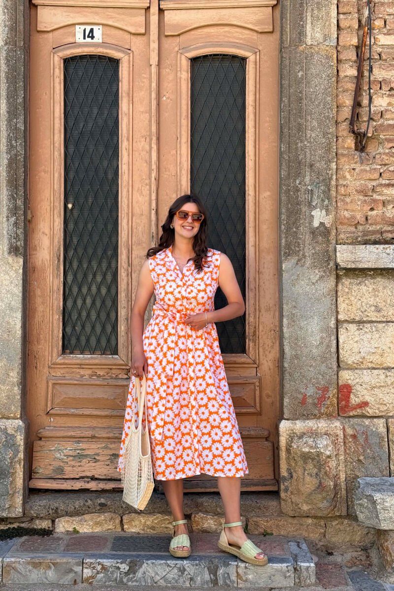 FLOWER DESIGN SLEEVELESS WOMAN DRESS ORANGE/PORTOKALLI - 1