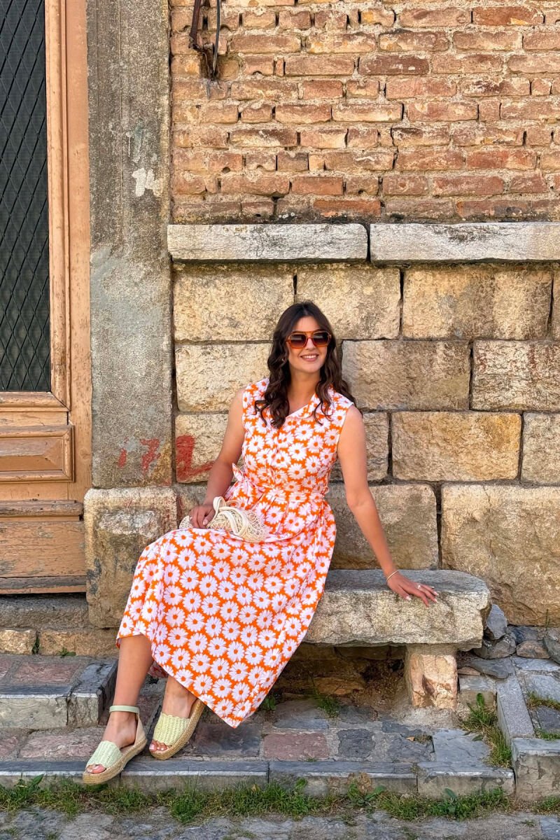 FLOWER DESIGN SLEEVELESS WOMAN DRESS ORANGE/PORTOKALLI - 2