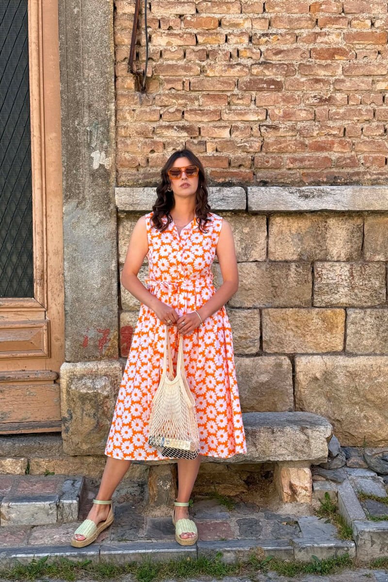 FLOWER DESIGN SLEEVELESS WOMAN DRESS ORANGE/PORTOKALLI - 3
