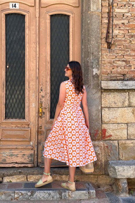 FLOWER DESIGN SLEEVELESS WOMAN DRESS ORANGE/PORTOKALLI - 5