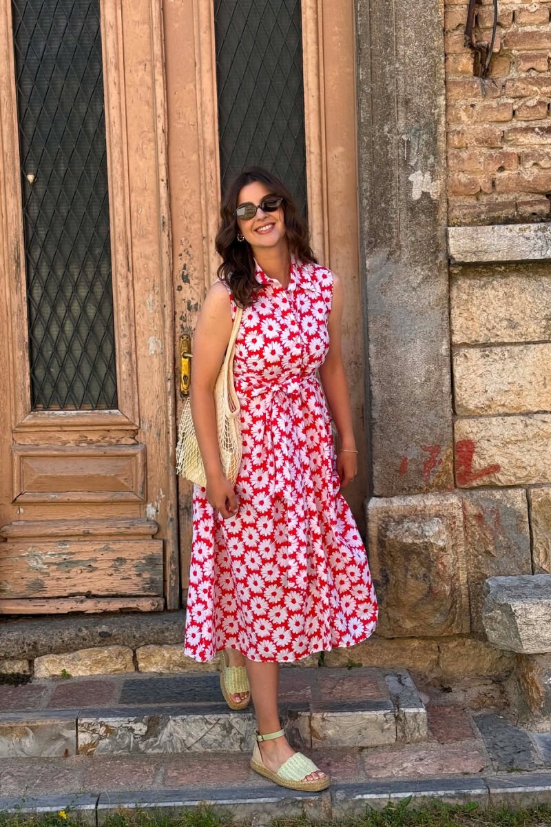 FLOWER DESIGN SLEEVELESS WOMAN DRESS RED/E KUQE - 1