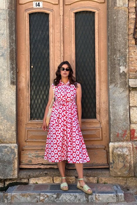 FLOWER DESIGN SLEEVELESS WOMAN DRESS RED/E KUQE - 2