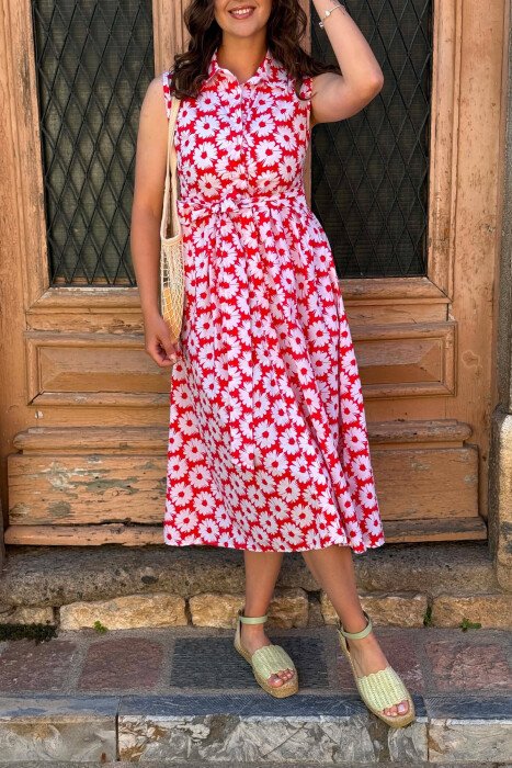 FLOWER DESIGN SLEEVELESS WOMAN DRESS RED/E KUQE - 3
