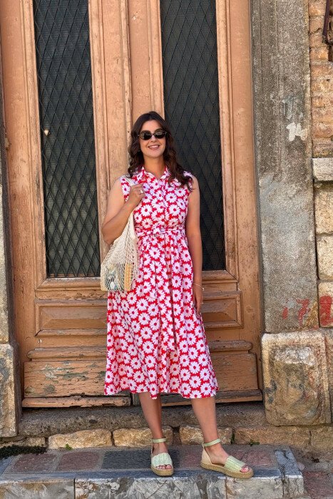 FLOWER DESIGN SLEEVELESS WOMAN DRESS RED/E KUQE - 4