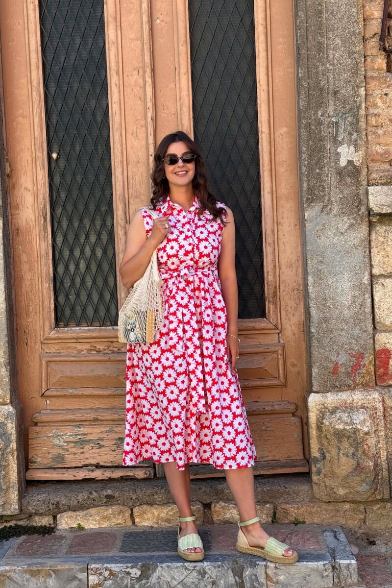 FLOWER DESIGN SLEEVELESS WOMAN DRESS RED/E KUQE - 4