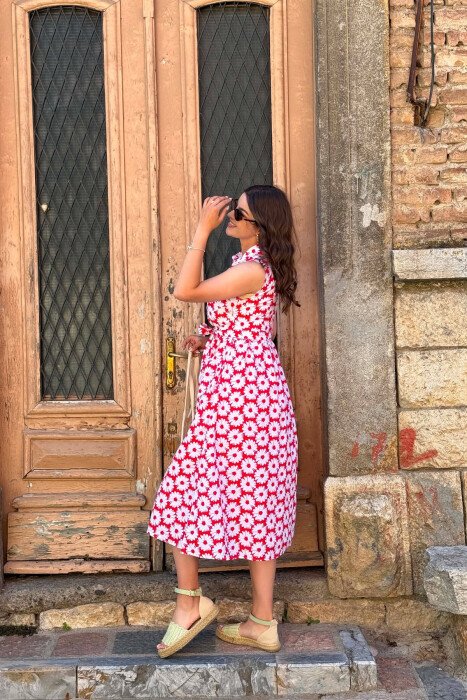 FLOWER DESIGN SLEEVELESS WOMAN DRESS RED/E KUQE - 6