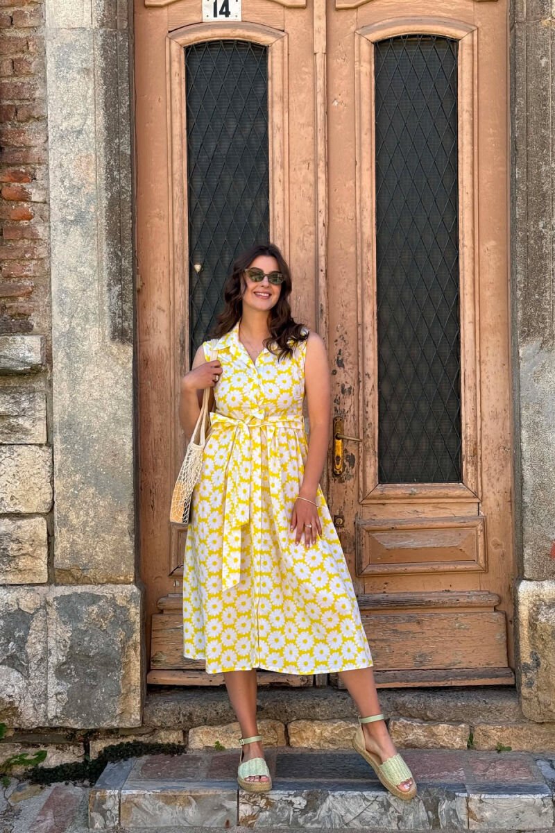 FLOWER DESIGN SLEEVELESS WOMAN DRESS YELLOW/E VERDHE - 1