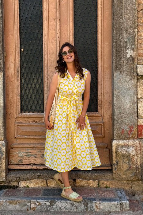 FLOWER DESIGN SLEEVELESS WOMAN DRESS YELLOW/E VERDHE - 2