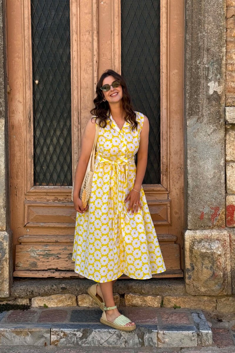 FLOWER DESIGN SLEEVELESS WOMAN DRESS YELLOW/E VERDHE - 2