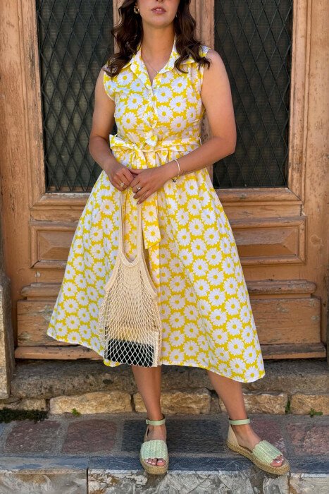 FLOWER DESIGN SLEEVELESS WOMAN DRESS YELLOW/E VERDHE - 3