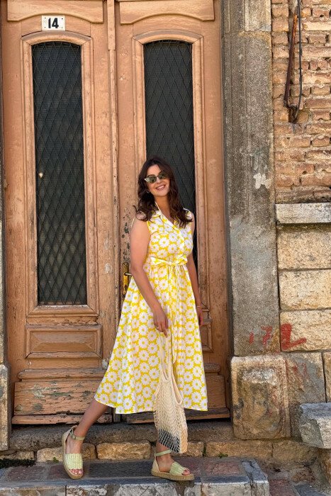 FLOWER DESIGN SLEEVELESS WOMAN DRESS YELLOW/E VERDHE - 4