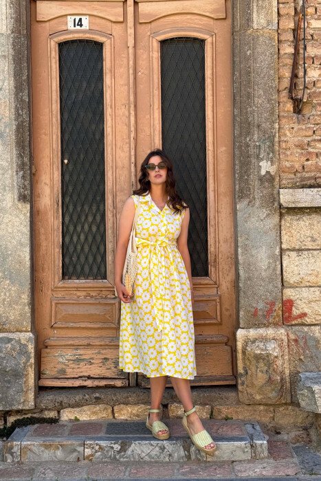 FLOWER DESIGN SLEEVELESS WOMAN DRESS YELLOW/E VERDHE - 5