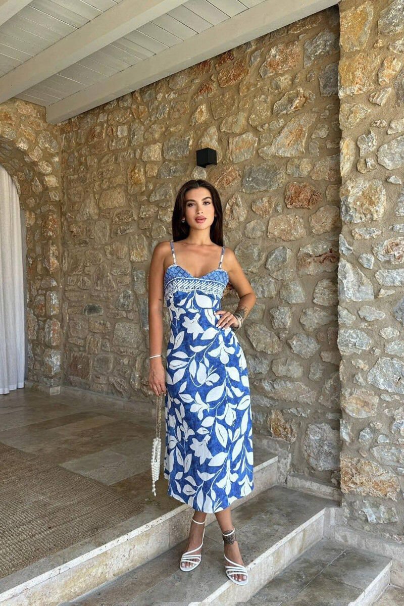 FLOWER DESIGN WOMEN DRESS BLUE-WHITE/BLU-BARDHE - 1