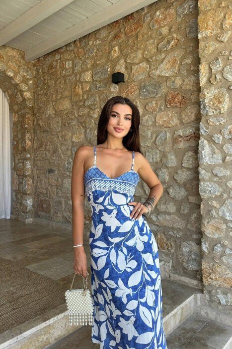 FLOWER DESIGN WOMEN DRESS BLUE-WHITE/BLU-BARDHE - 4