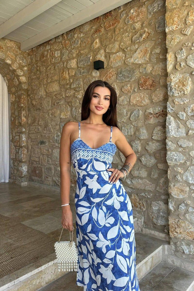 FLOWER DESIGN WOMEN DRESS BLUE-WHITE/BLU-BARDHE - 4