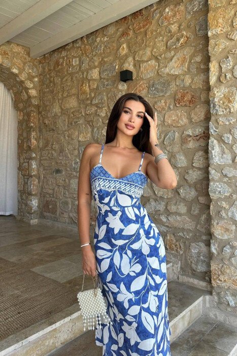 FLOWER DESIGN WOMEN DRESS BLUE-WHITE/BLU-BARDHE - 5