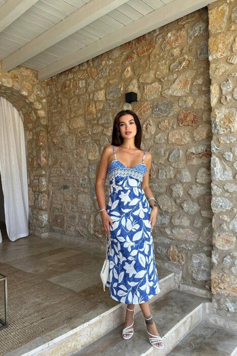 FLOWER DESIGN WOMEN DRESS BLUE-WHITE/BLU-BARDHE - 7