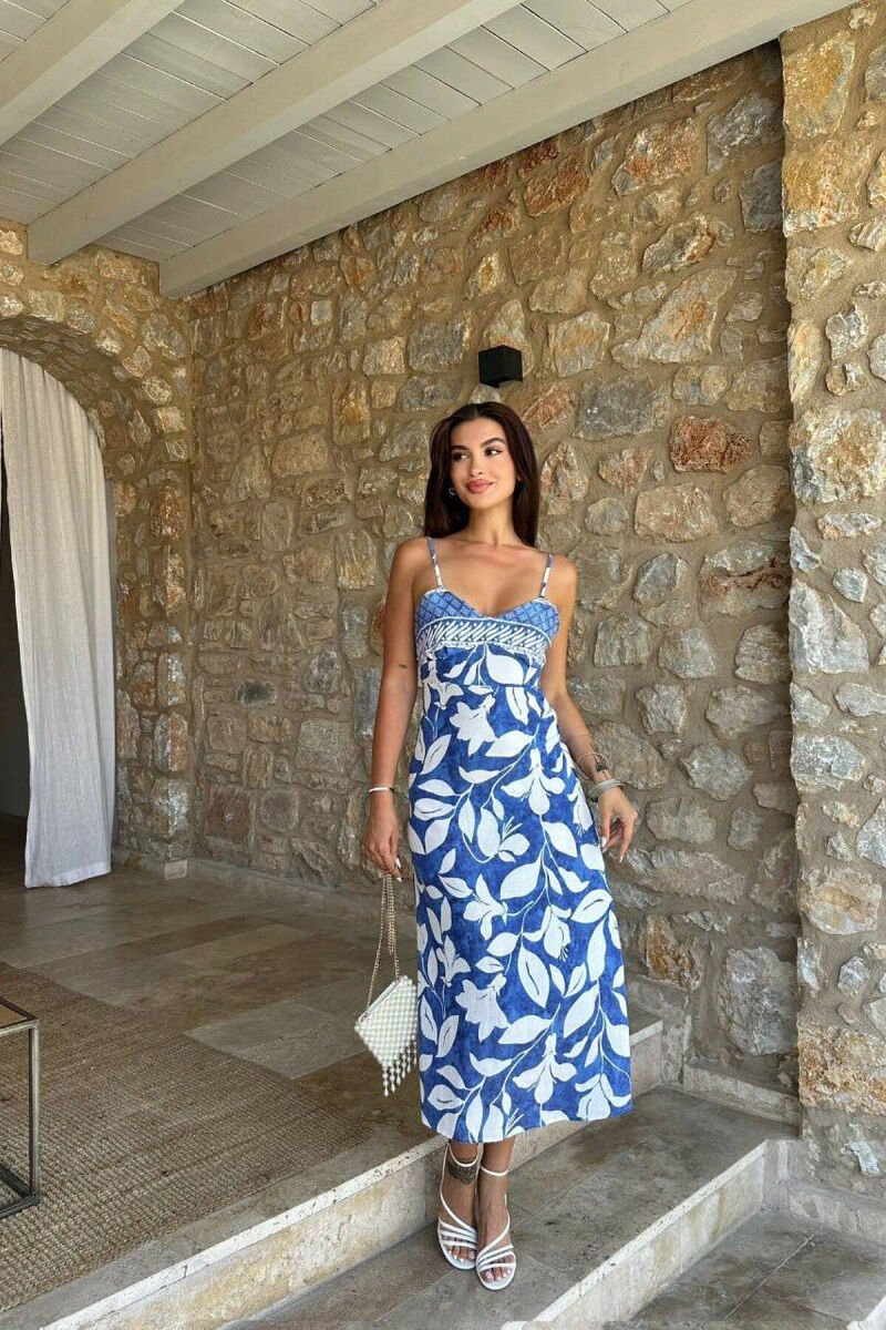 FLOWER DESIGN WOMEN DRESS BLUE-WHITE/BLU-BARDHE - 8