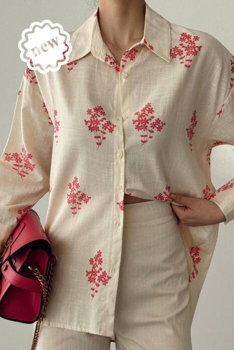FLOWER DESIGN WOMEN SHIRTS CREAM-PINK/KREM-ROZE - KLAUDIO FASHION