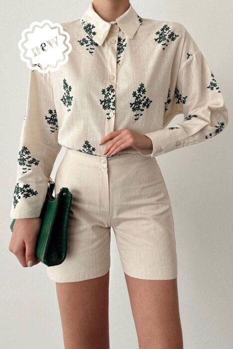FLOWER DESIGN WOMEN SHIRTS GREEN-CREAM/JESHILE-KREM - KLAUDIO FASHION