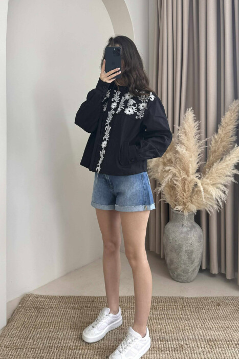 FLOWER DESIGN ZIPPER WOMEN JACKET BLACK/ E ZEZE - 7