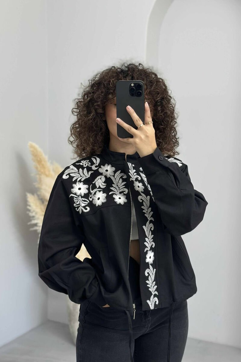 FLOWER DESIGN ZIPPER WOMEN JACKET BLACK/ E ZEZE - 2