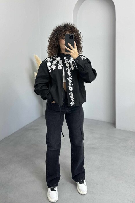 FLOWER DESIGN ZIPPER WOMEN JACKET BLACK/ E ZEZE 