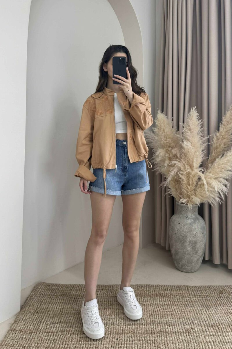 FLOWER DESIGN ZIPPER WOMEN JACKET LIGHT BROWN/KAZB - 6