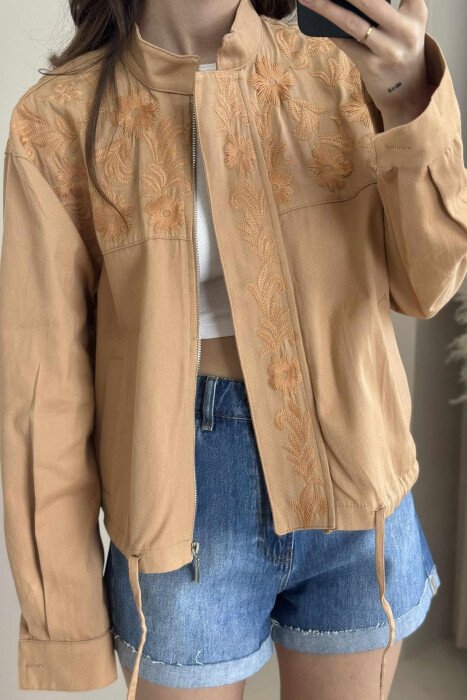 FLOWER DESIGN ZIPPER WOMEN JACKET LIGHT BROWN/KAZB - 7