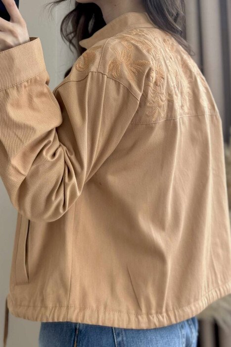 FLOWER DESIGN ZIPPER WOMEN JACKET LIGHT BROWN/KAZB - 8