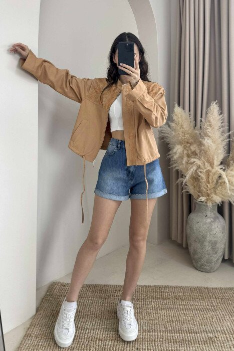 FLOWER DESIGN ZIPPER WOMEN JACKET LIGHT BROWN/KAZB - 9