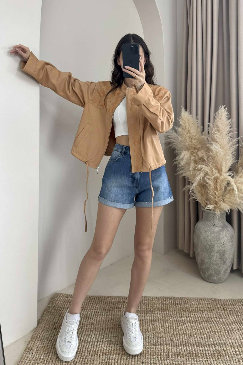 FLOWER DESIGN ZIPPER WOMEN JACKET LIGHT BROWN/KAZB - 9