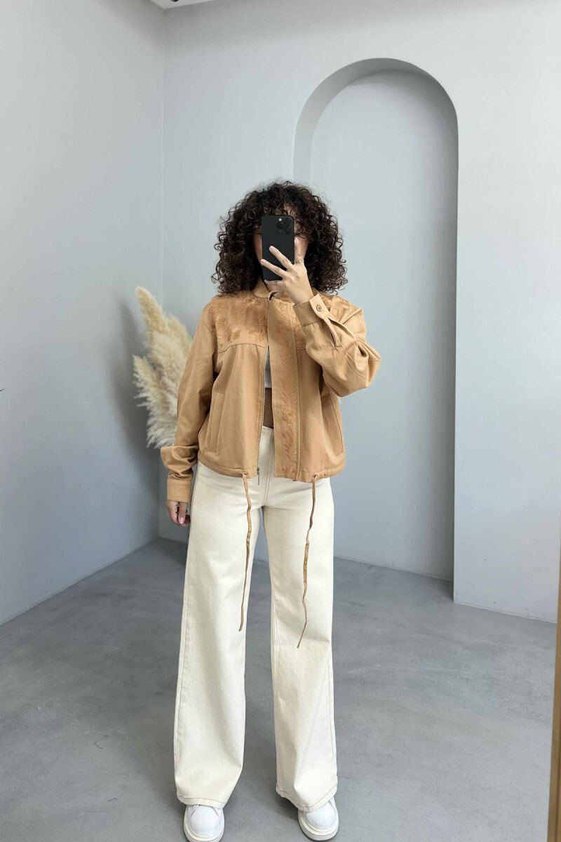 FLOWER DESIGN ZIPPER WOMEN JACKET LIGHT BROWN/KAZB - 1