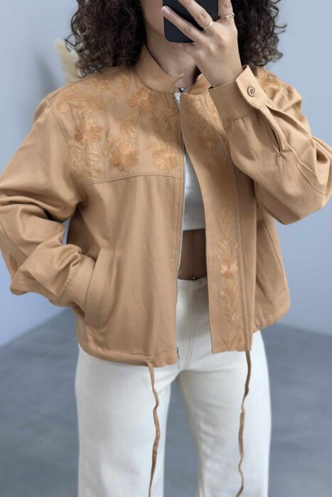 FLOWER DESIGN ZIPPER WOMEN JACKET LIGHT BROWN/KAZB - 2