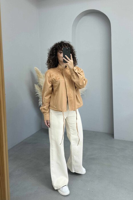 FLOWER DESIGN ZIPPER WOMEN JACKET LIGHT BROWN/KAZB - 3