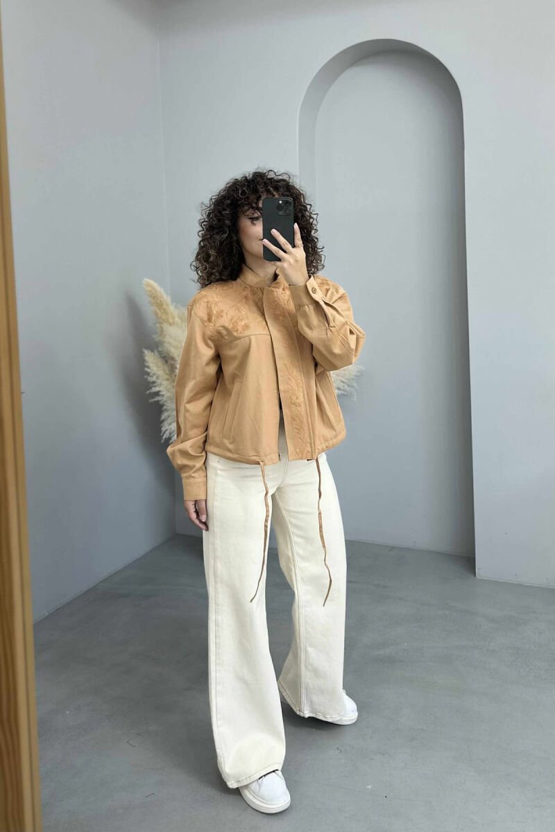 FLOWER DESIGN ZIPPER WOMEN JACKET LIGHT BROWN/KAZB - 3