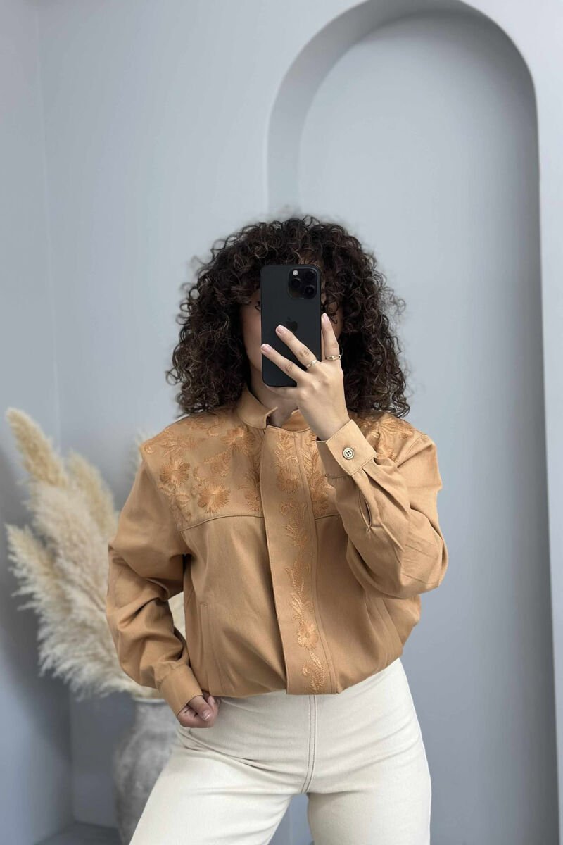 FLOWER DESIGN ZIPPER WOMEN JACKET LIGHT BROWN/KAZB - 4