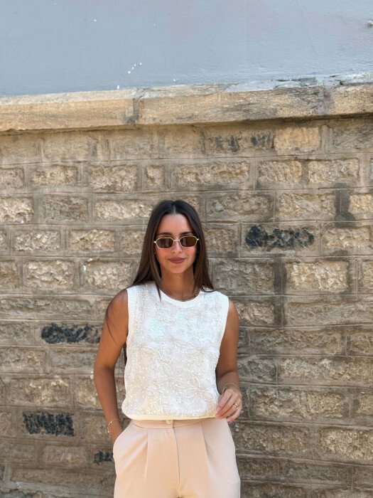 FLOWER DETAILS KNITTED WOMEN VEST CREAM/KREM - 4