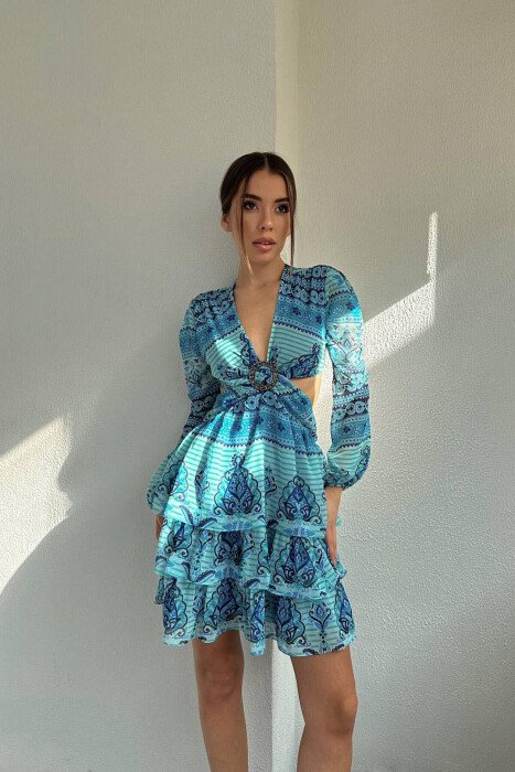 FLOWER DETAILS WOMAN DRESS BLUE/BLU - KLAUDIO FASHION