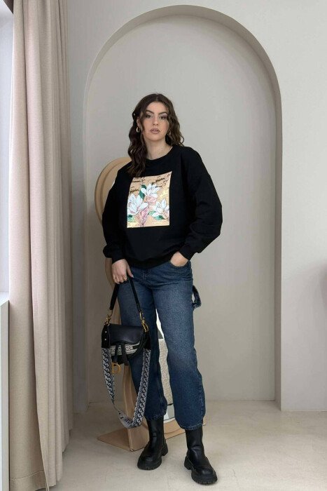FLOWER IMAGE WOMEN SWEATSHIRT BLACK/ E ZEZE - KLAUDIO FASHION