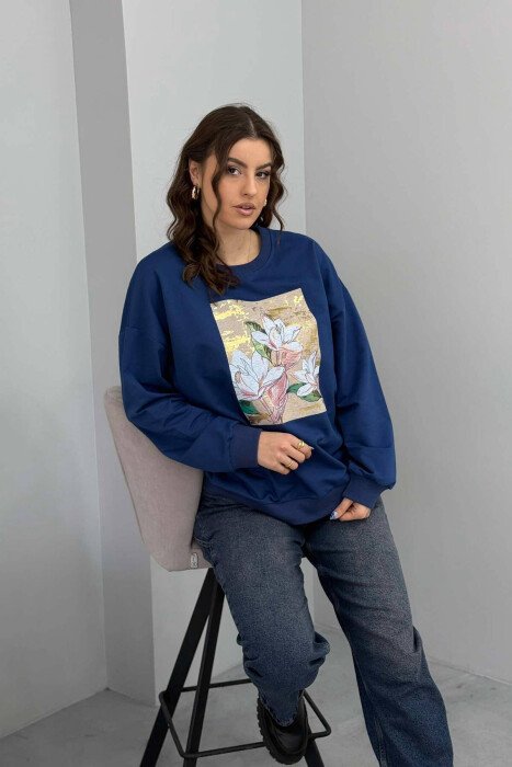 FLOWER IMAGE WOMEN SWEATSHIRT BLUE/BLU - KLAUDIO FASHION