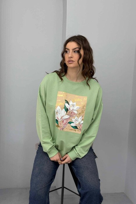 FLOWER IMAGE WOMEN SWEATSHIRT MINT/MENTE - KLAUDIO FASHION