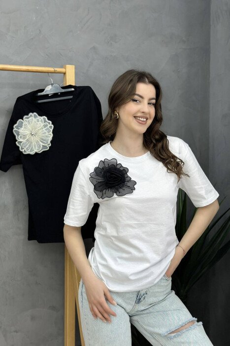 FLOWER ONE COLOR COTTON WOMAN T-SHIRT WHITE-E BARDHE - KLAUDIO FASHION