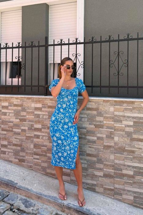 FLOWERS DESIGN CUT OPEN WOMAN DRESS BLUE/BLU - 1