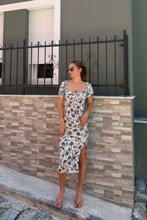 FLOWERS DESIGN CUT OPEN WOMAN DRESS WHITE-E BARDHE - 4